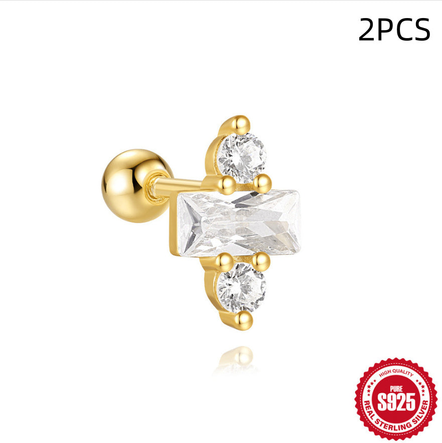 S925 Sterling Silver Red Earrings Square Gravel Stud Earrings