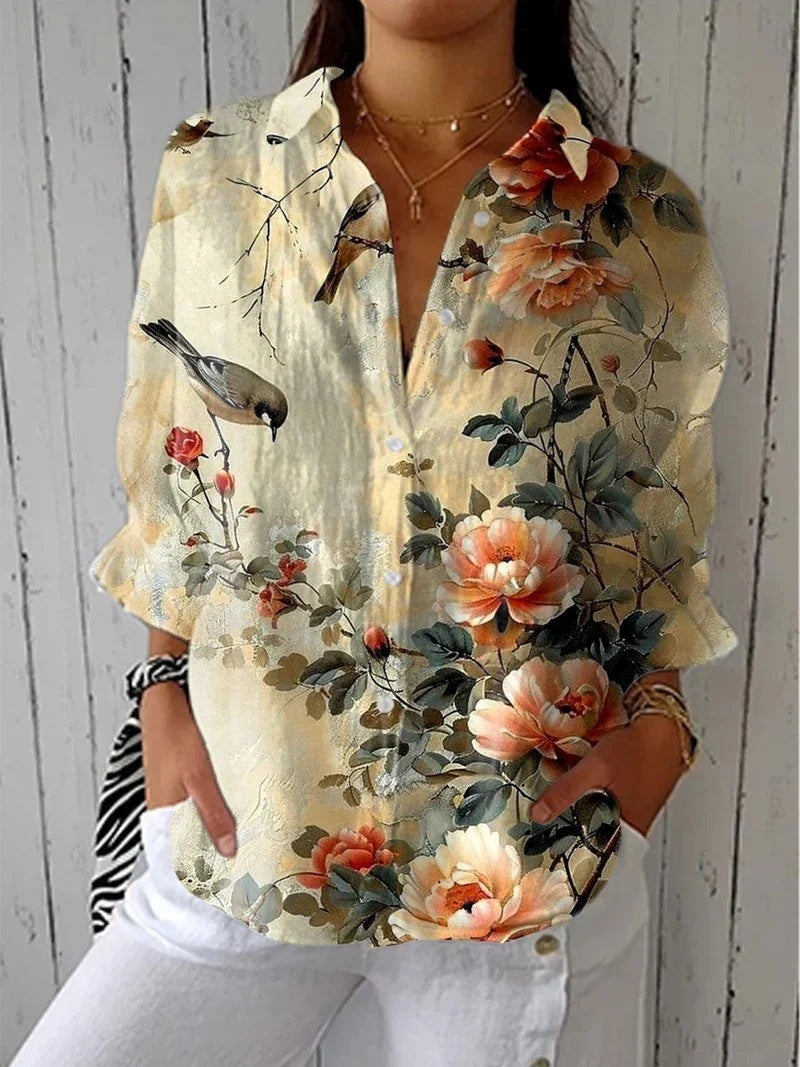 Women's Creative Fashion 3D Printing Lapel Casual Shirt