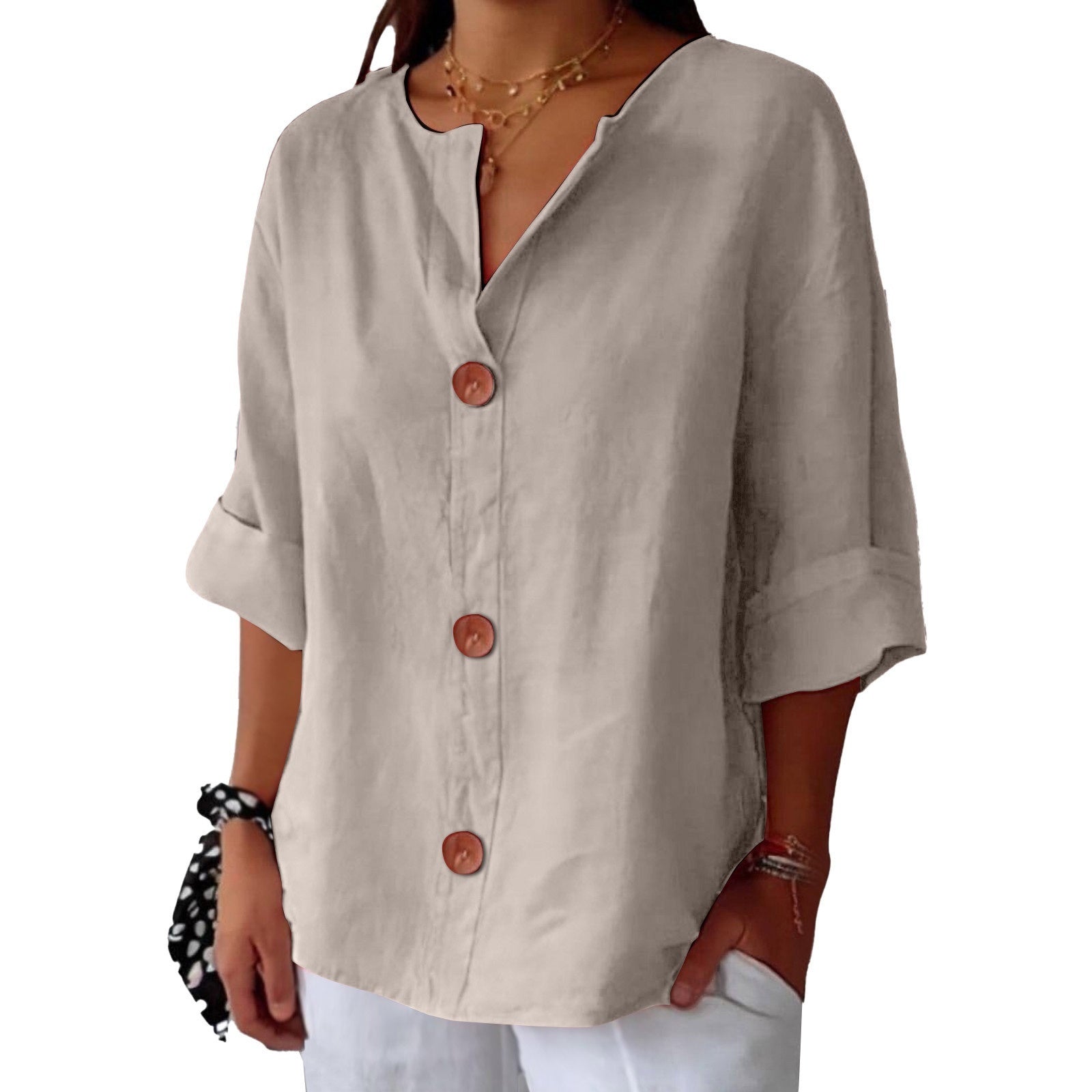 Loose T-shirt Women's V-neck Cotton And Linen Button Top