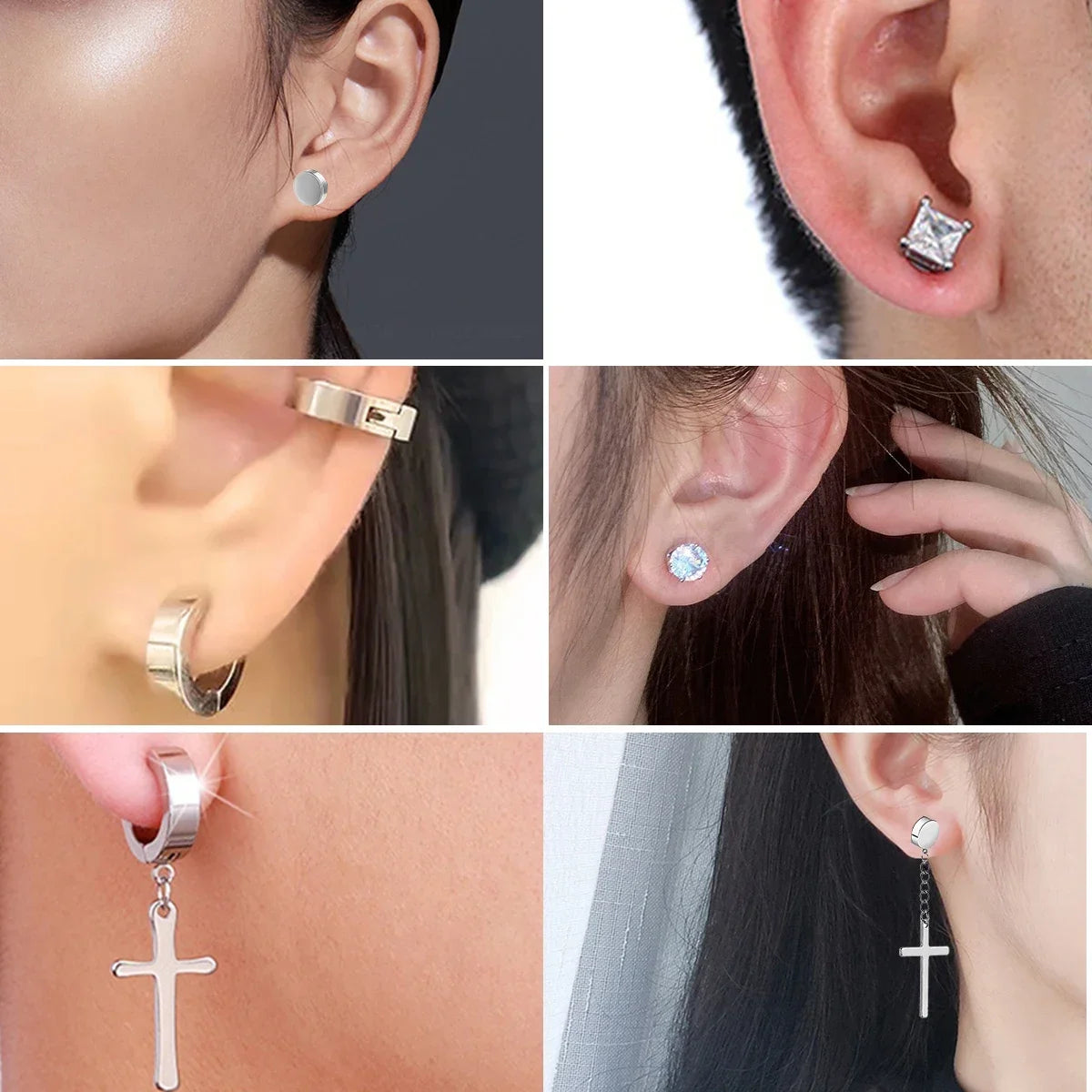 1Pairs Crystal Strong Magnetic Ear Stud Clip Earrings for Men Women, Punk Round Zircon Magnet Earrings Non Piercing Ear Jewelry - EL CHEG