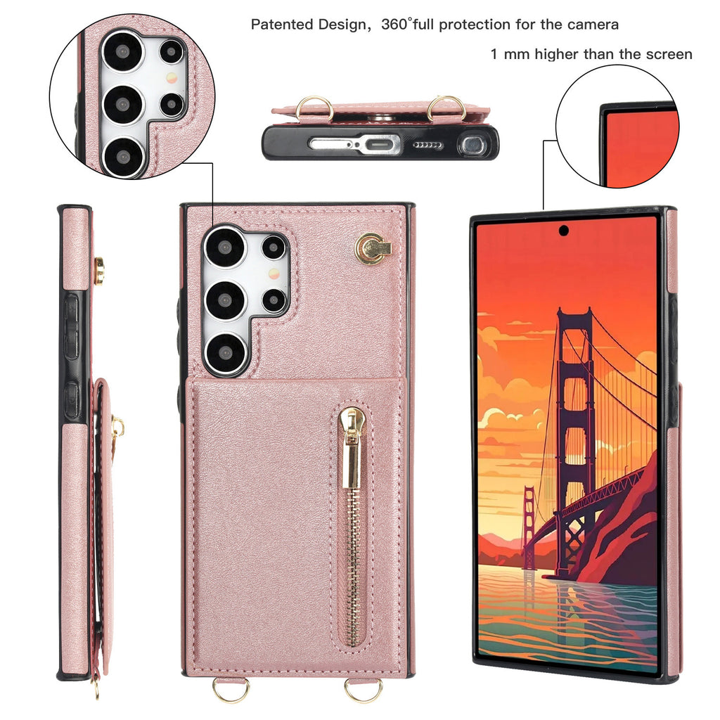 Card Crossbody Zipper Bracket Leather Phone Case