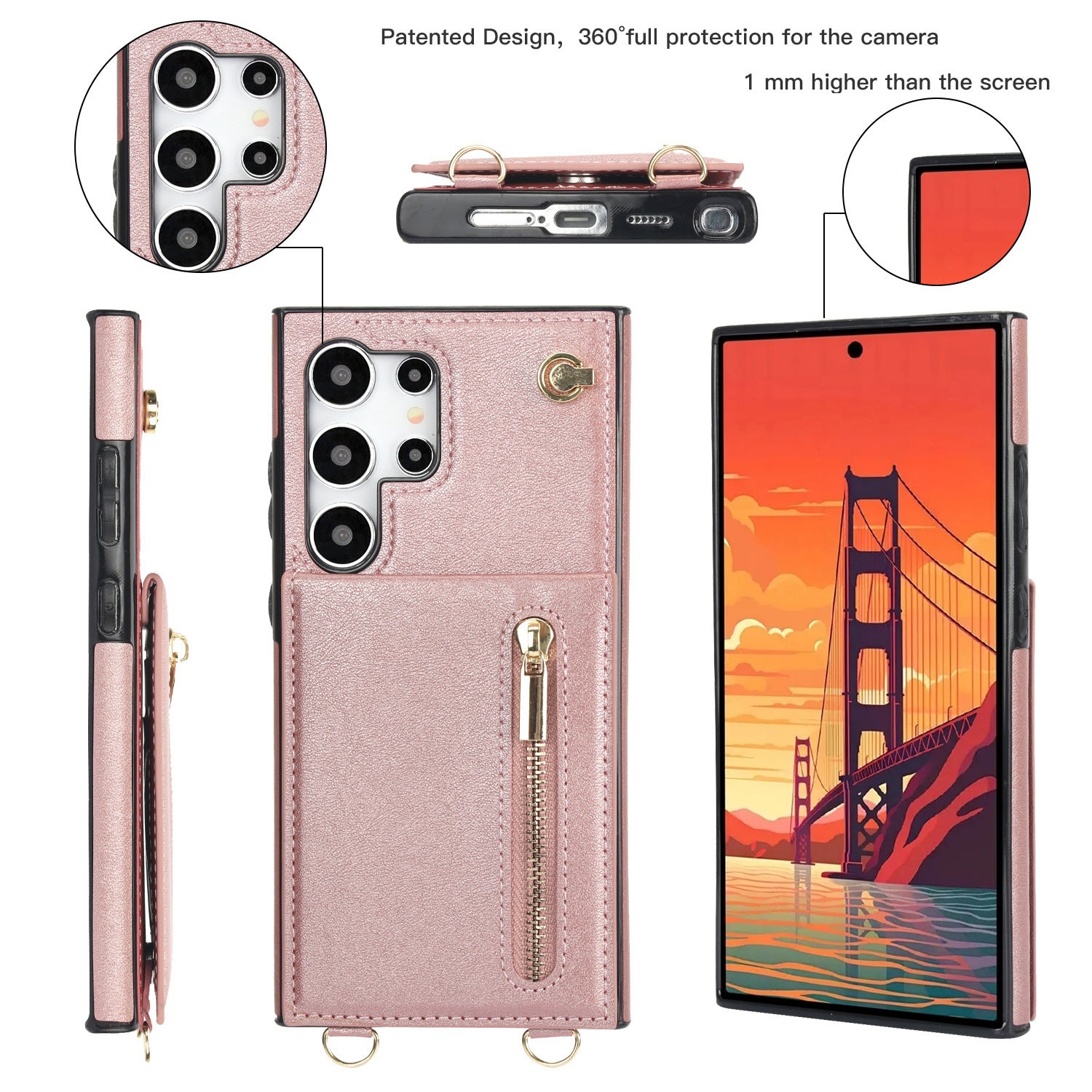 Card Crossbody Zipper Bracket Leather Phone Case