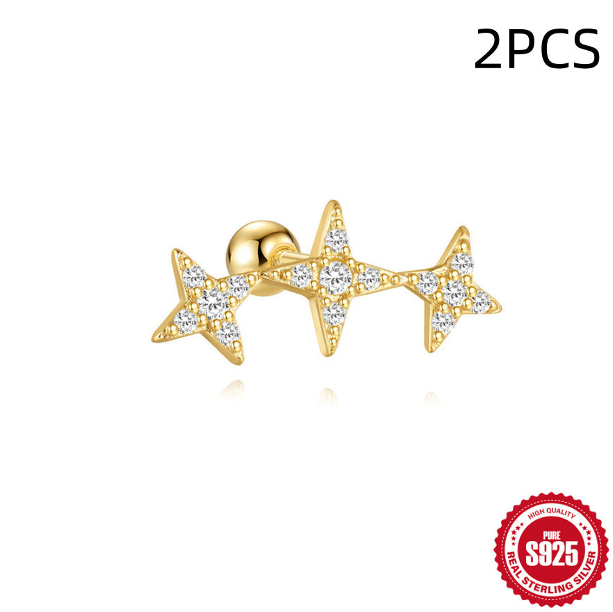 S925 Sterling Silver Red Earrings Square Gravel Stud Earrings