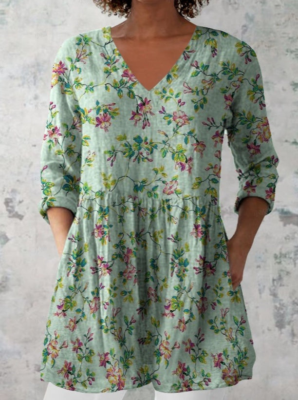 Women's Retro Floral Print Casual Cotton Linen V-neck Top