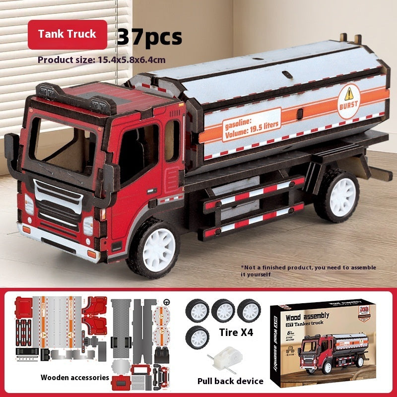 Wooden Assembled Toy Car Warrior Engineering Vehicle Fire Truck DIY Model.