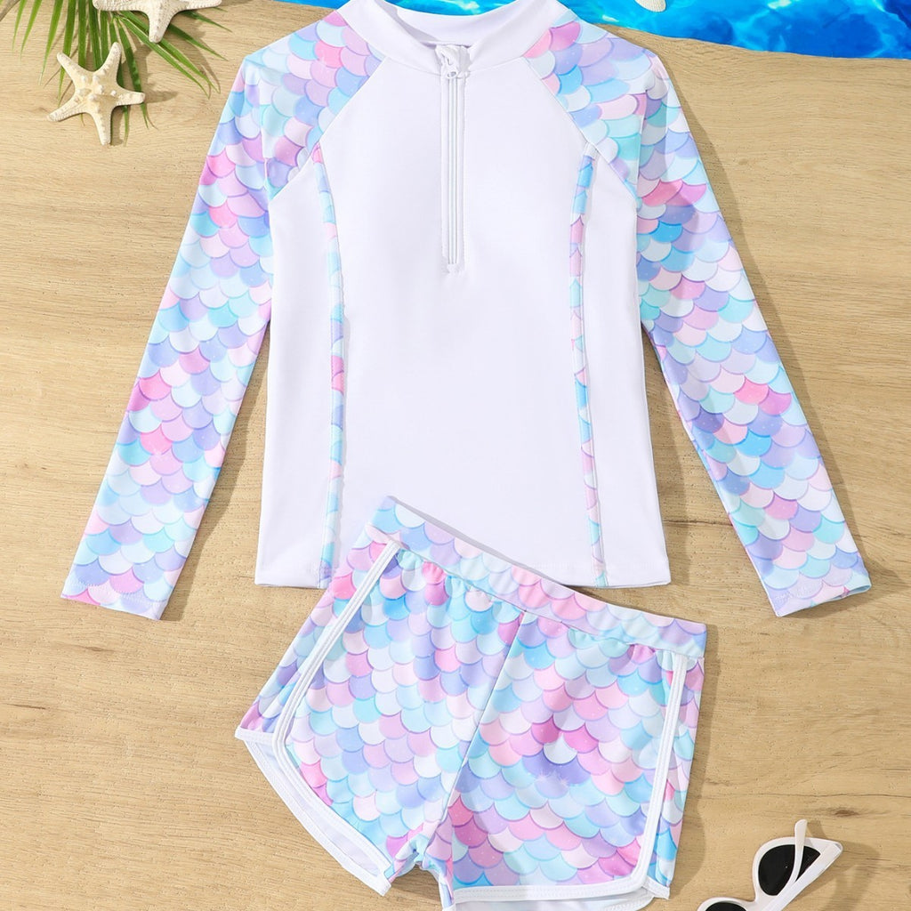 Split Boxer Long Sleeve Zipper Swimsuit With Chest Pad