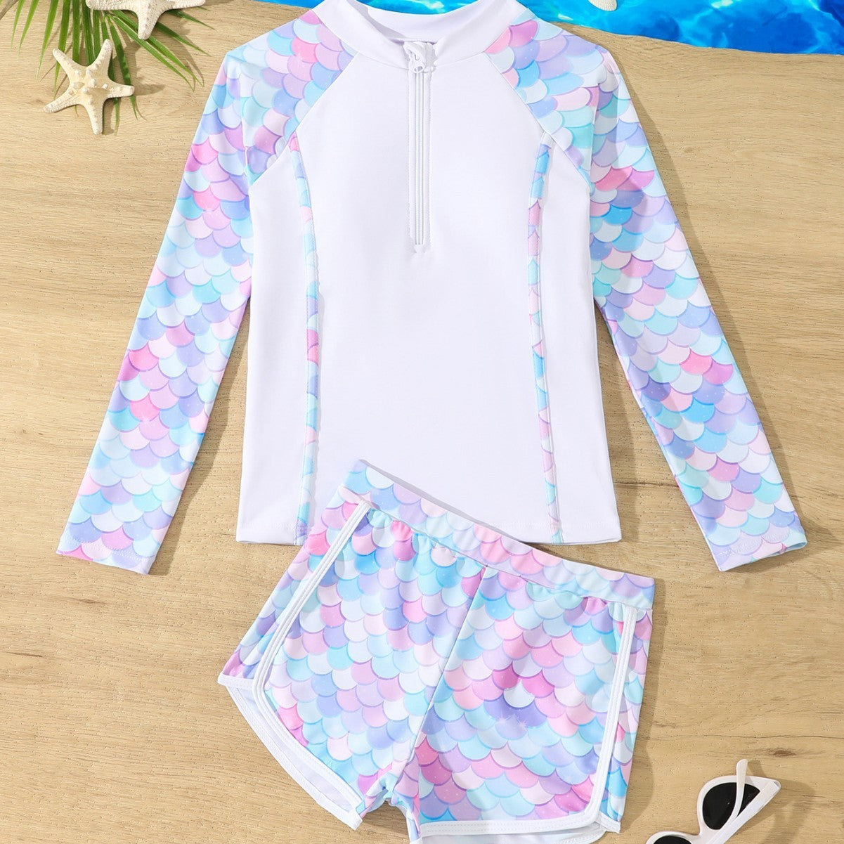 Split Boxer Long Sleeve Zipper Swimsuit With Chest Pad