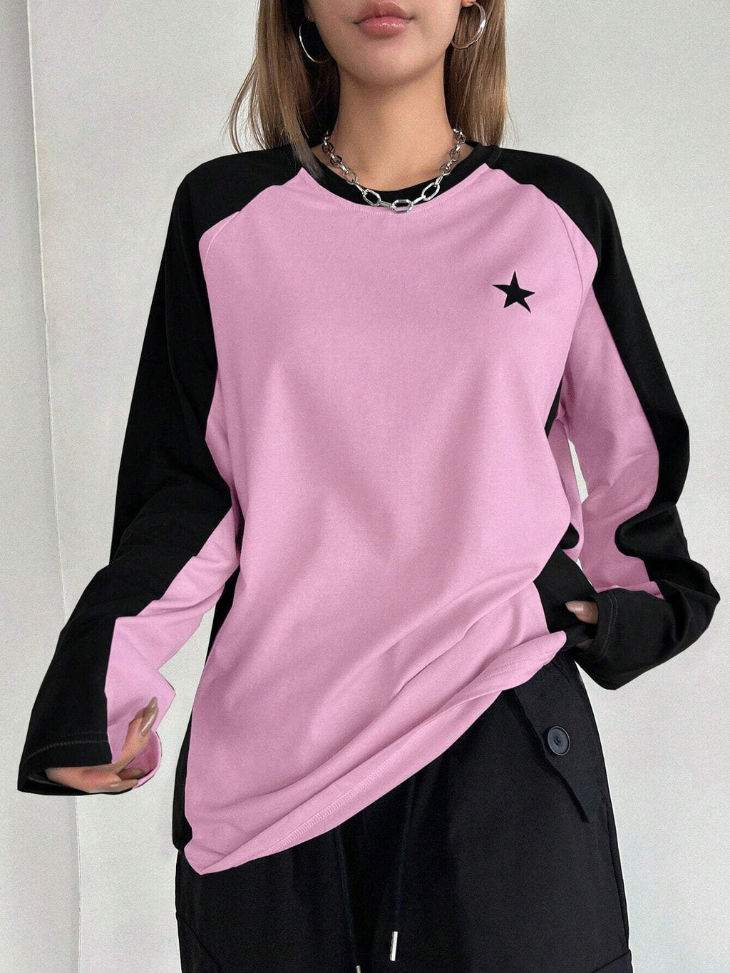 Round Neck Long Sleeve T-shirt Loose Casual Multicolor Raglan Top