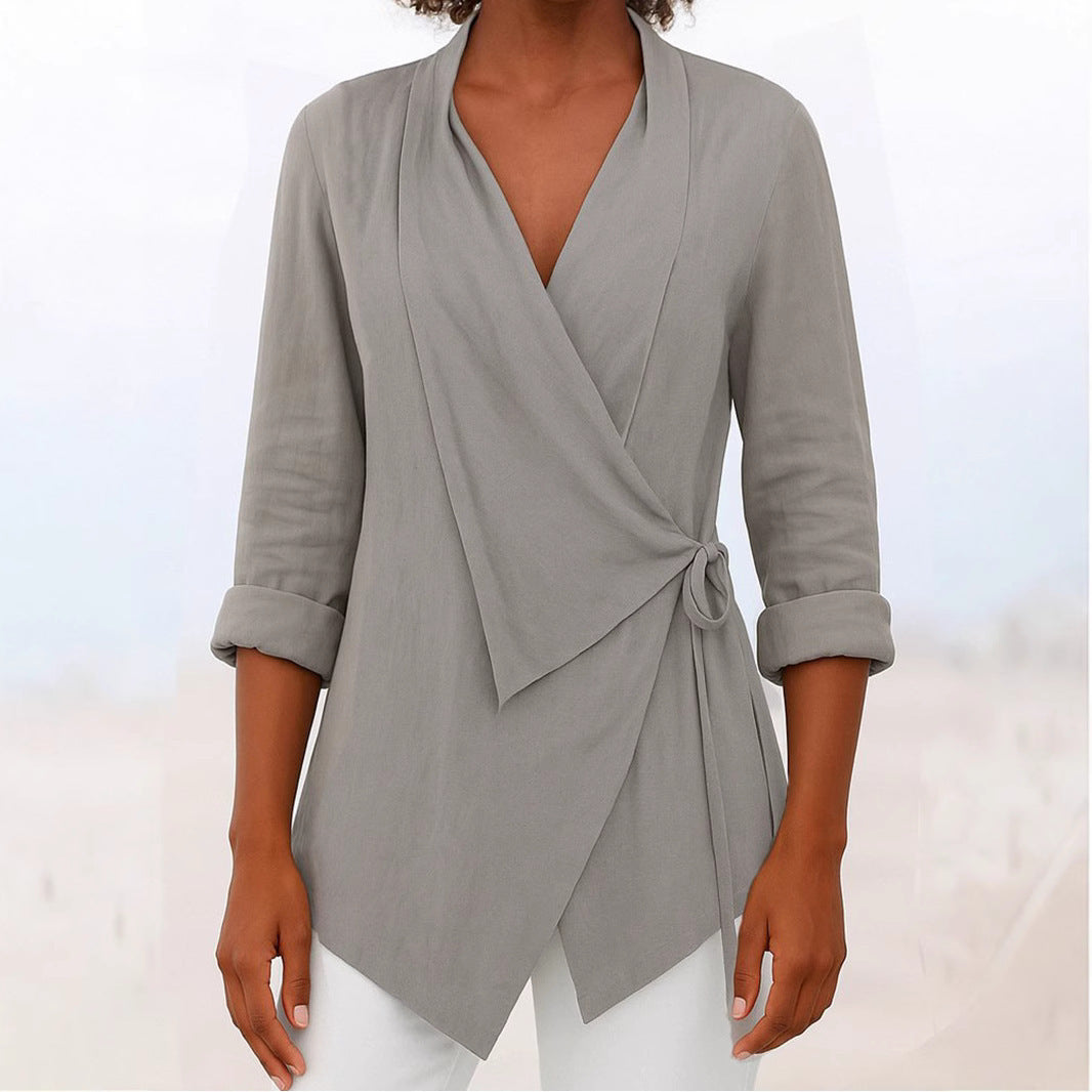 Women's Autumn And Winter V-neck Cotton And Linen Solid Color Shirt