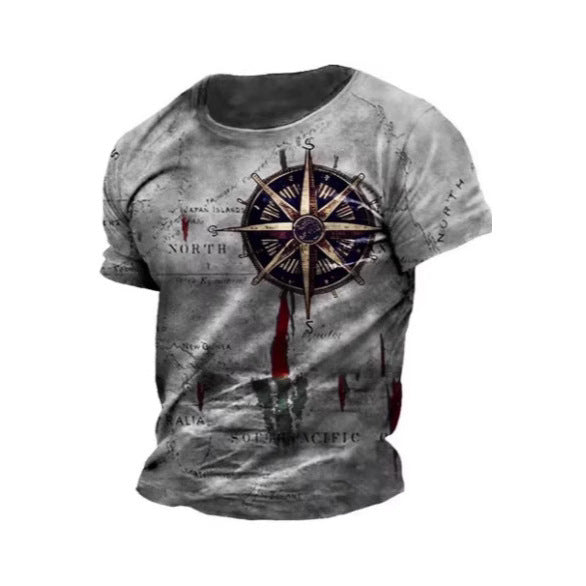 Men's Vintage Nautical Map Compass Printed T-shirt