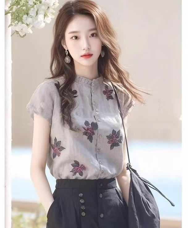 High-end Chic Printed Western Style Stand Collar Niche Top