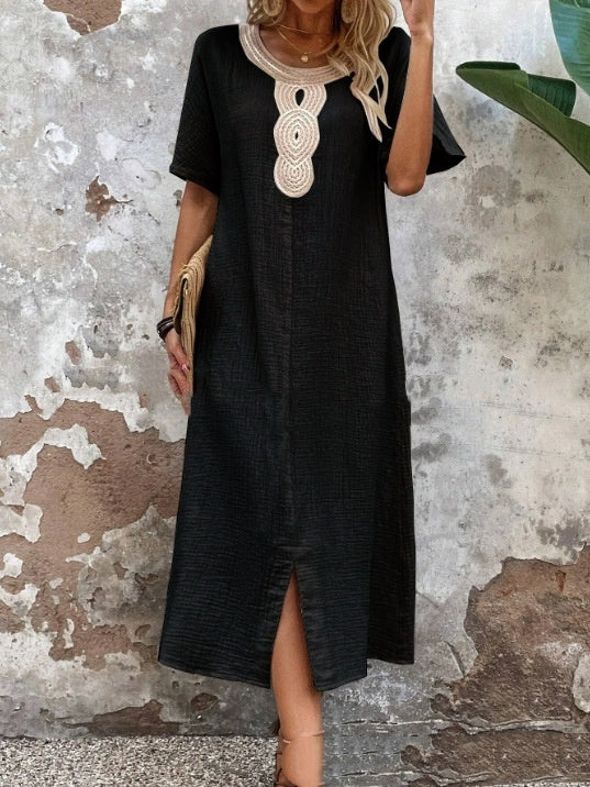 Round Neck Ruffled Short Sleeves Pure Cotton And Linen Slit Loose Dress