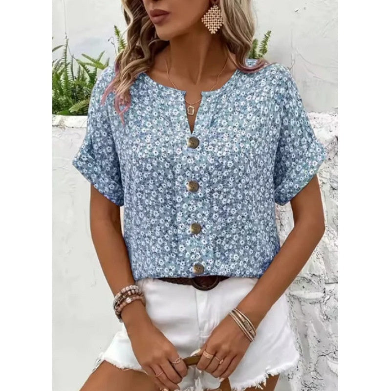 Plant Jacquard V-neck Women's Short-sleeved T-shirt