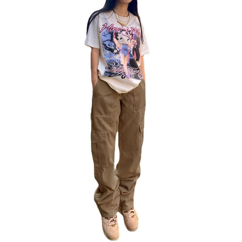 Stylish Multi-pocket Workwear Straight-leg Trousers High Waist Jeans