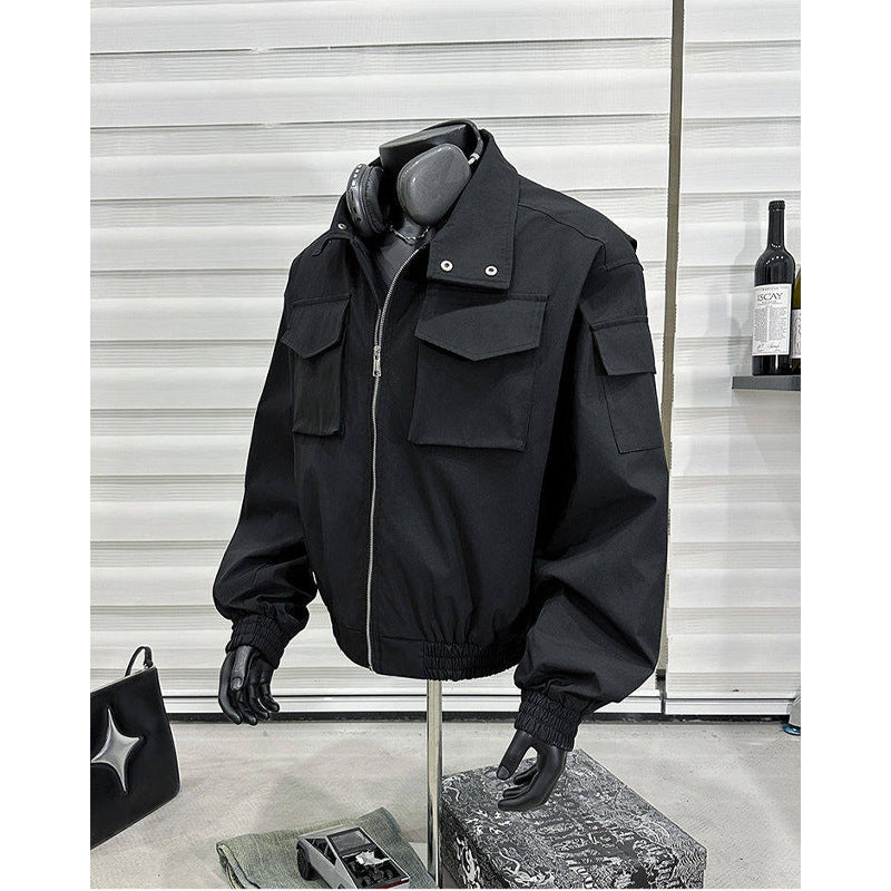 Men's Stand Collar Flight Jacket Short Coat Men's Clothing Tooling Zip-up Shirt