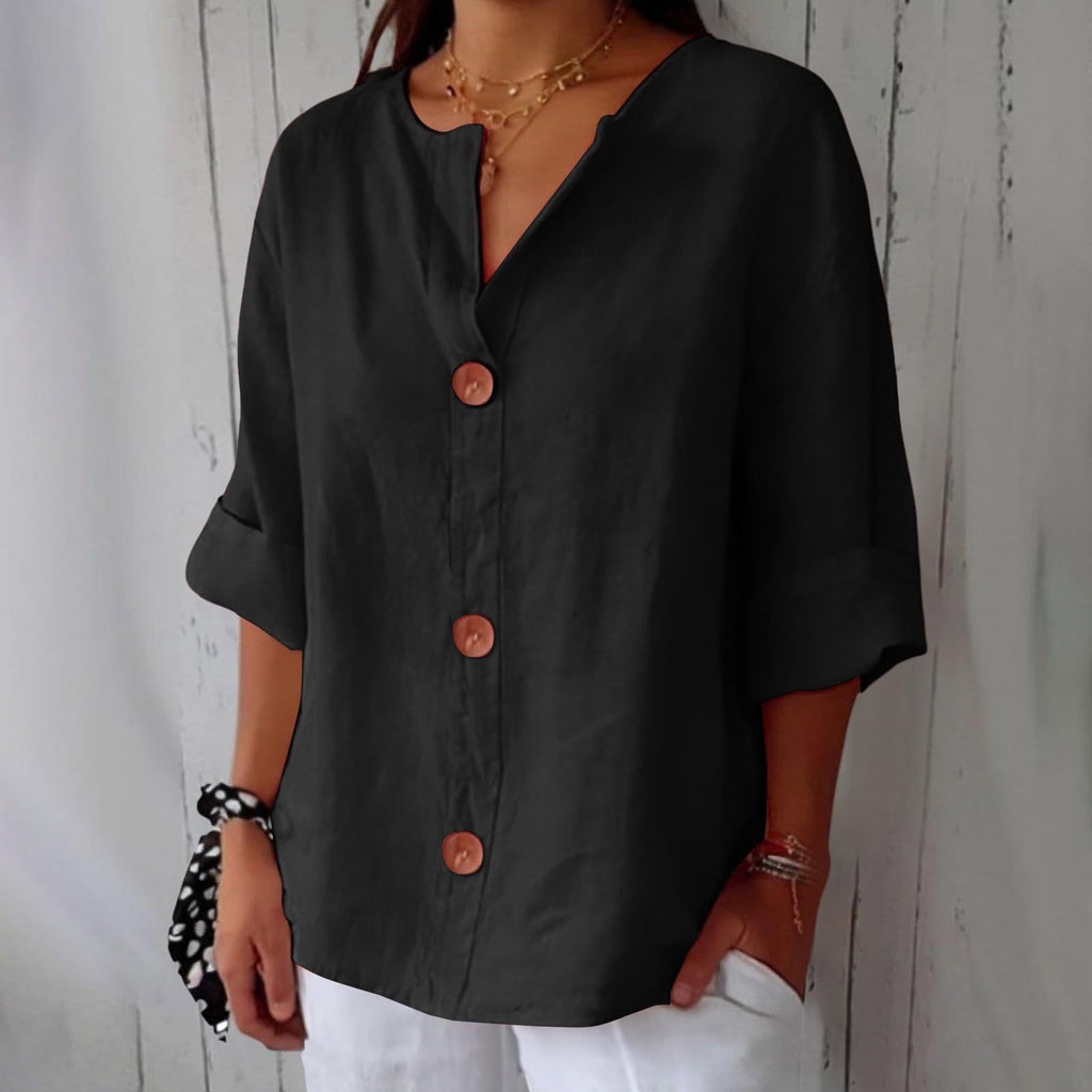 Loose T-shirt Women's V-neck Cotton And Linen Button Top