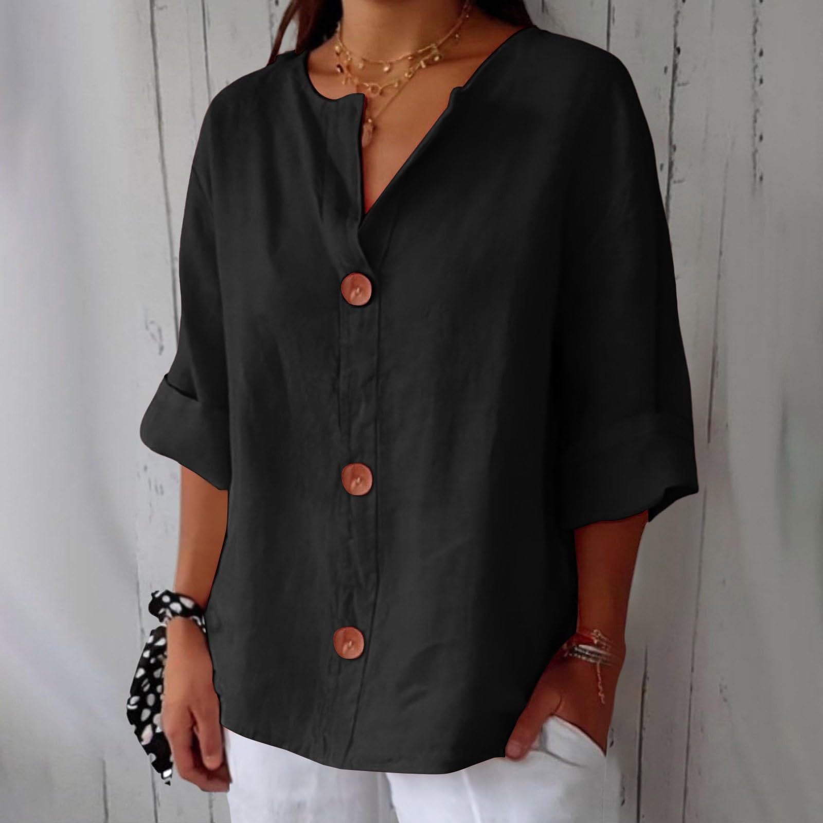 Loose T-shirt Women's V-neck Cotton And Linen Button Top