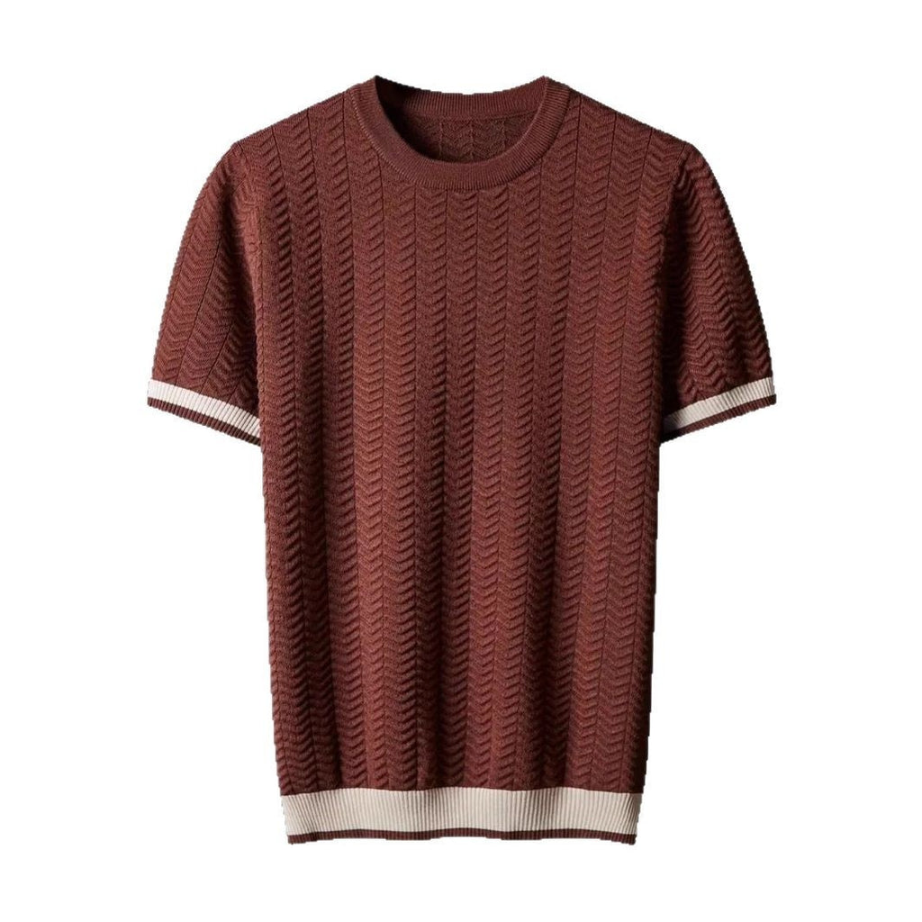 Men's Round Neck Contrast Color Jacquard Texture Slim-fit Short Sleeve