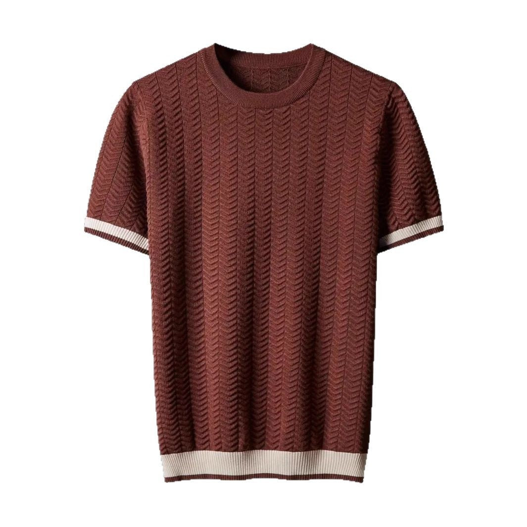 Men's Round Neck Contrast Color Jacquard Texture Slim-fit Short Sleeve