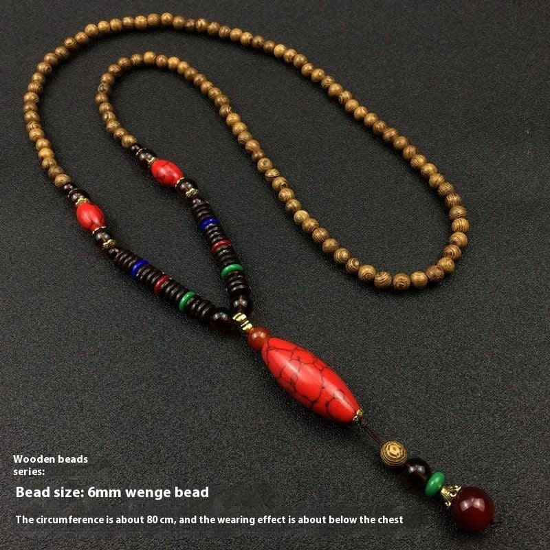 Retro Ethnic Sweater Chain Long Wooden Pendant