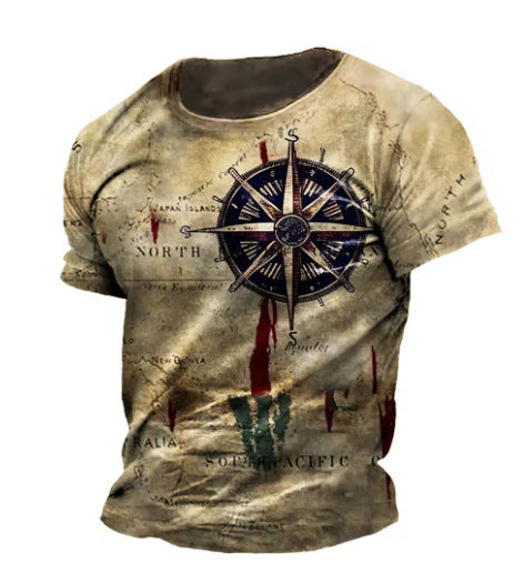 Men's Vintage Nautical Map Compass Printed T-shirt