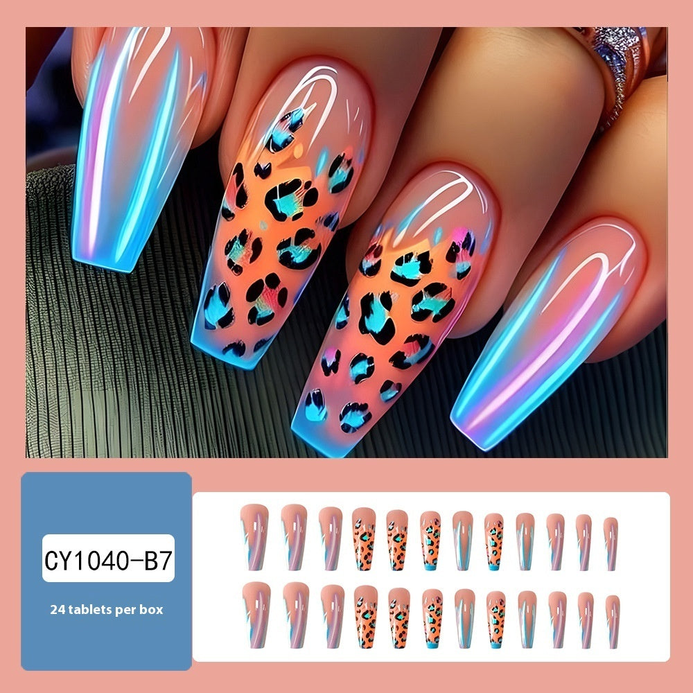 Blue Edge French Gradient Contrast Leopard Print Nail Tips - EL CHEG