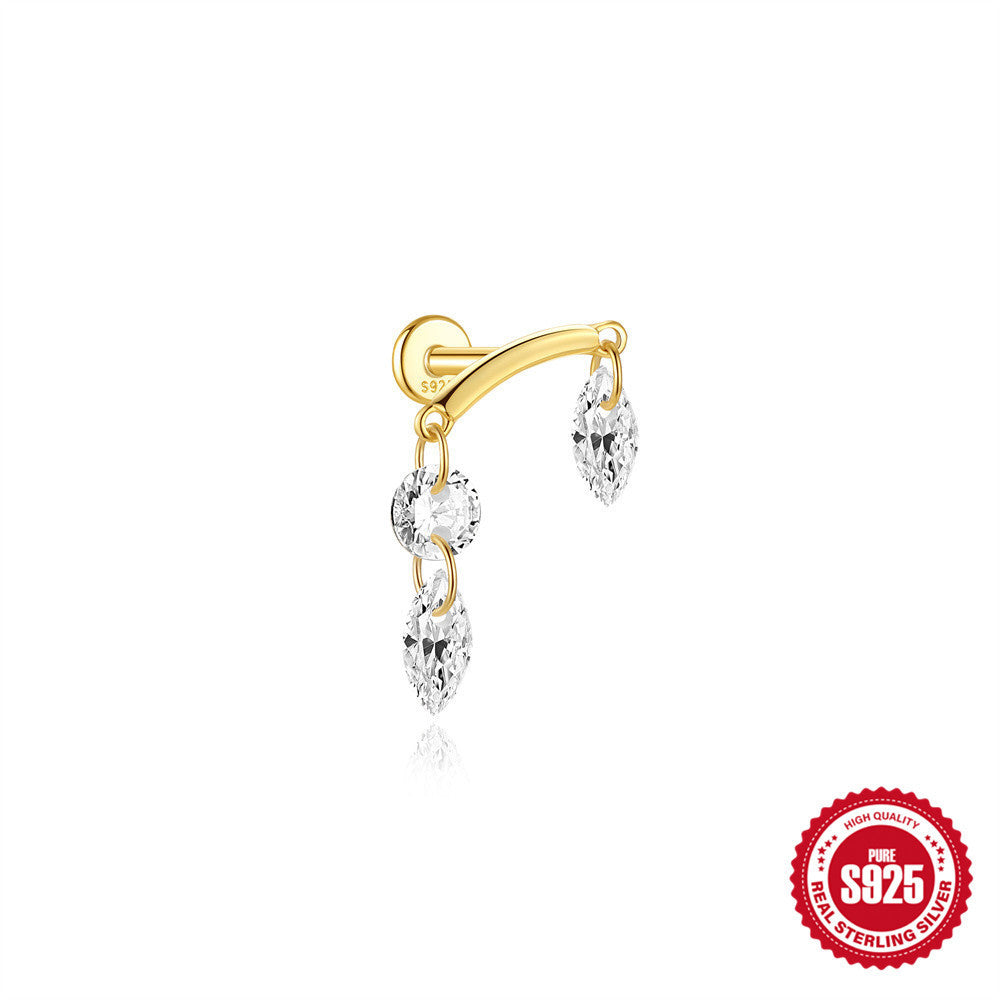 Sterling Silver Opal Diamond-embedded Flat Head Thread Piercing Ear Bone Stud