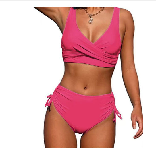 Bikini Solid Color Sexy Gathered Split High Waist Swimsuit With Rope