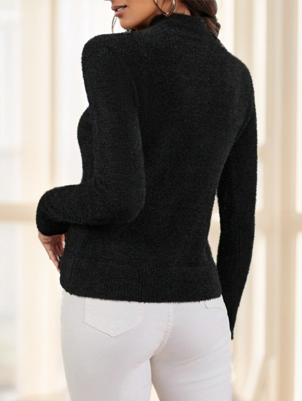 Women's Solid Color Stand Collar Long Sleeve Fluffy Sweater,