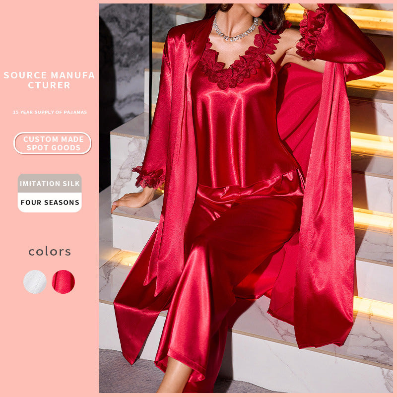 Sexy Outerwear Homewear Suspender Shorts Nightgown Three-piece Set