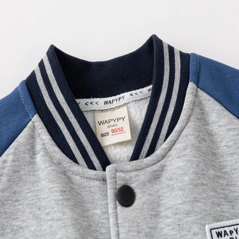 Children Letter Baseball Coat 2025 Autumn Winter Boys Button Thickened Sweatshirt Baby V-neck Color-blocked Coat - EL CHEG