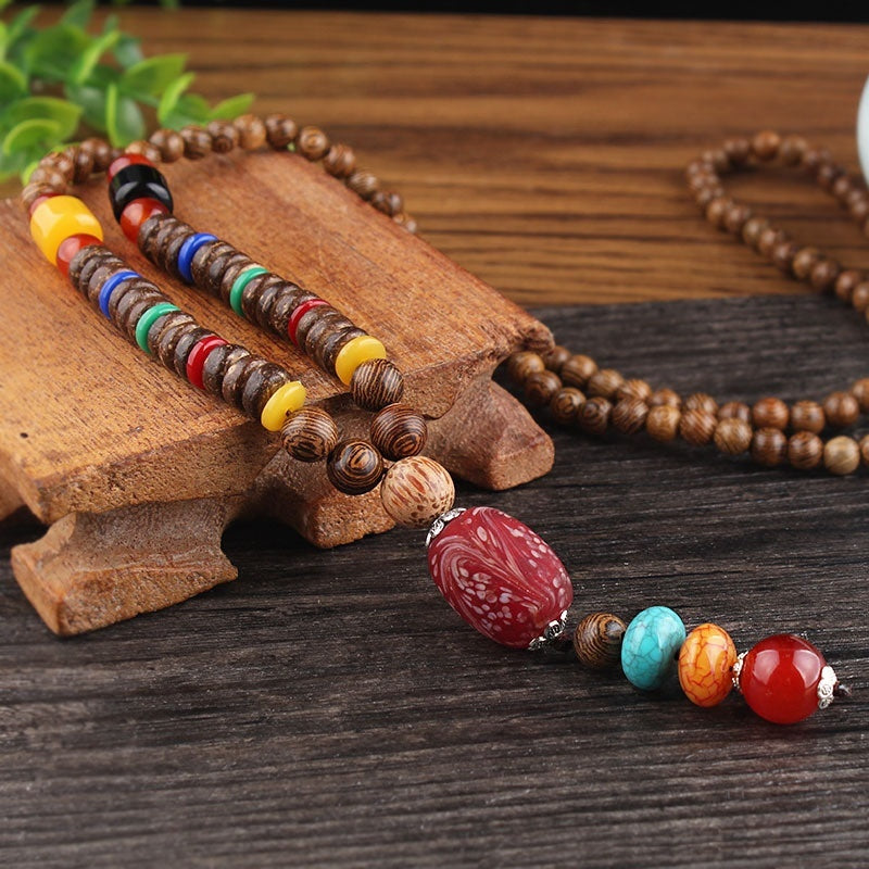 Men's And Women's Necklaces Retro Wooden Bead Sweater Chain Long Bodhi Pendant