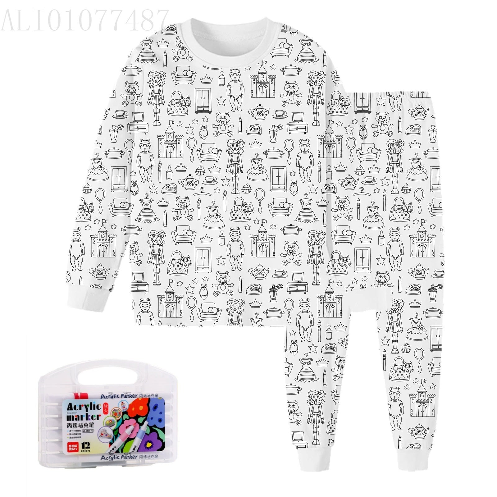 Black And White Cartoon Cartoon Pattern Long-sleeved T-shirt And Trousers Two-piece Home Wear Children's Suit