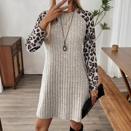 Women's Long Sleeve Leopard Splicing Tight Dress