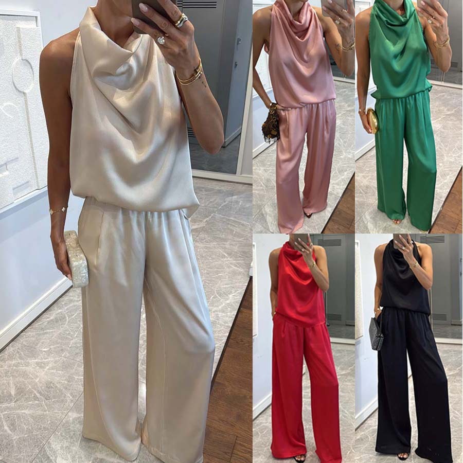 Women's Sleeveless Trousers Loose Satin Two-piece Set