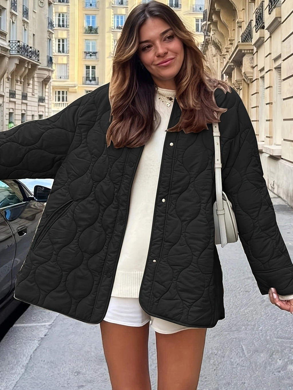 Simple Solid Color Round Neck Loose Cotton Coat With Quilted Lines