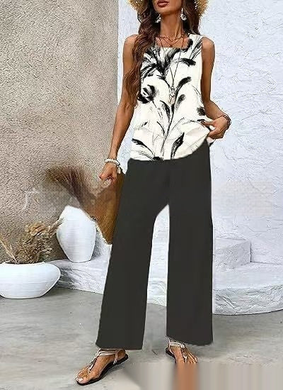 Print Suits Sleeveless Double-layer Vest And Loose Straight Pants Womens Clothing