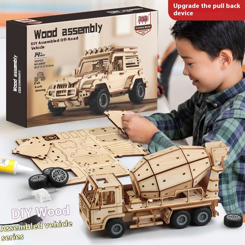 Wooden Assembled Toy Car Warrior Engineering Vehicle Fire Truck DIY Model.