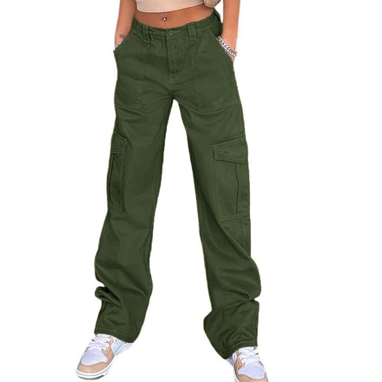 Stylish Multi-pocket Workwear Straight-leg Trousers High Waist Jeans