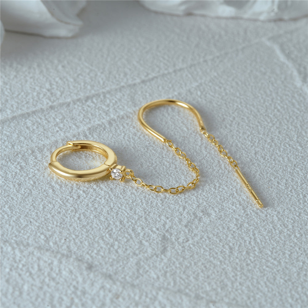 S925 Sterling Silver Diamond Flower Tassel Chain Earring Ear Clip Stud Earrings