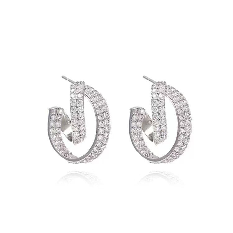 Sterling Silver Needle Micro Inlaid Zircon C- Shaped Cross Earrings